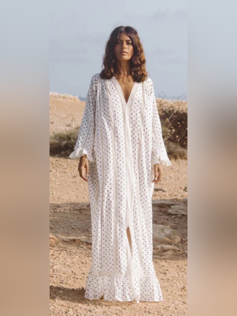 Soler London Lux White Maxi Dress with Brown Dot Pattern Size O/S Caftan